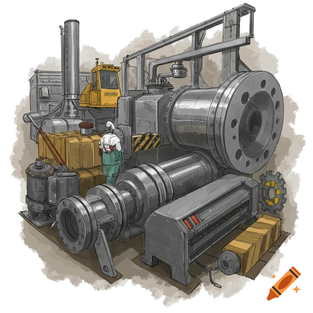 A large industrial machine or pipeline structure with a worker and yellow vehicle.