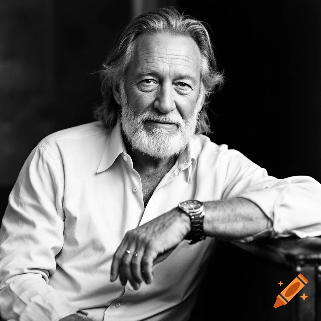 Black and white portrait of an older man with a beard wearing a shirt and watch.