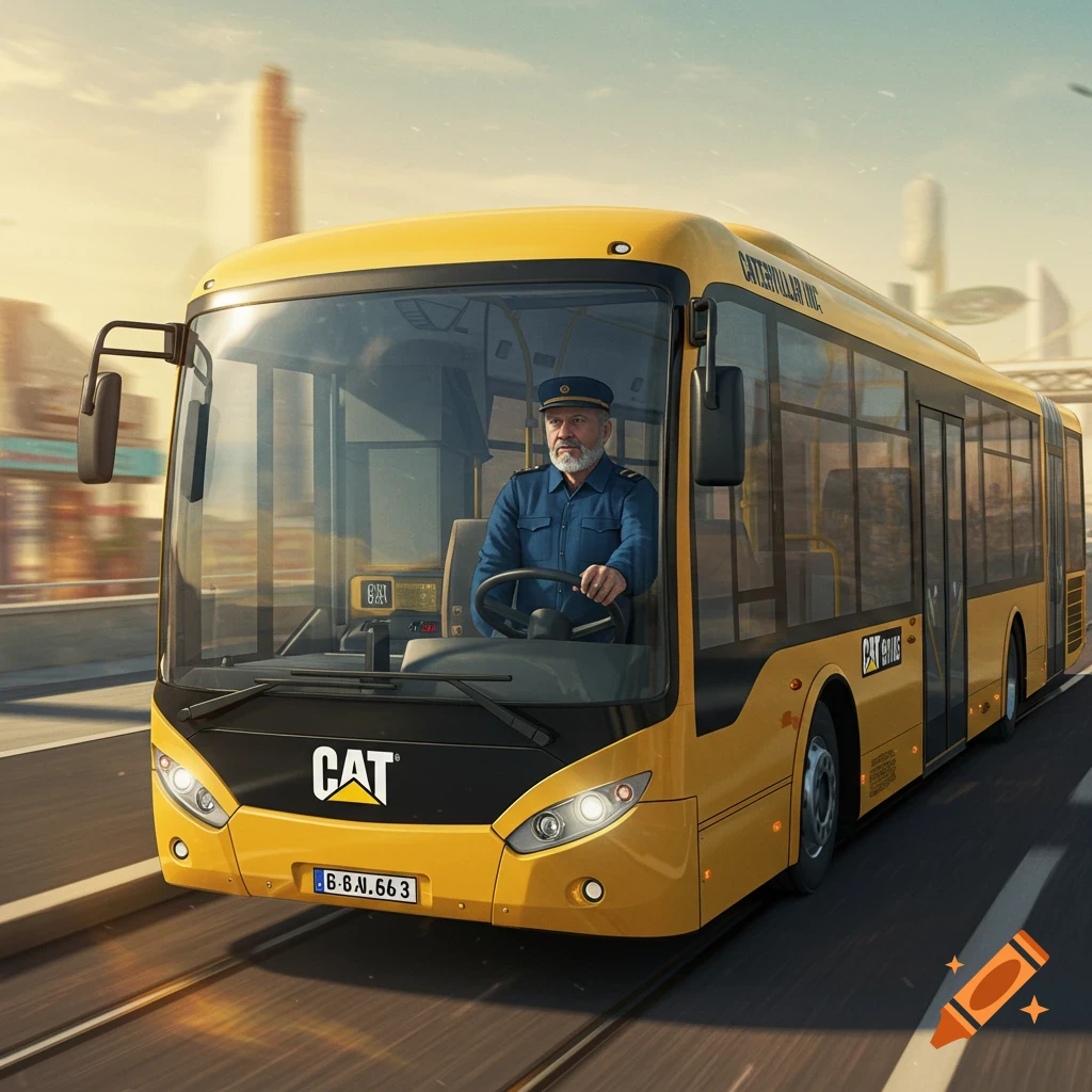 A yellow Caterpillar bus driven by a man in a uniform.
