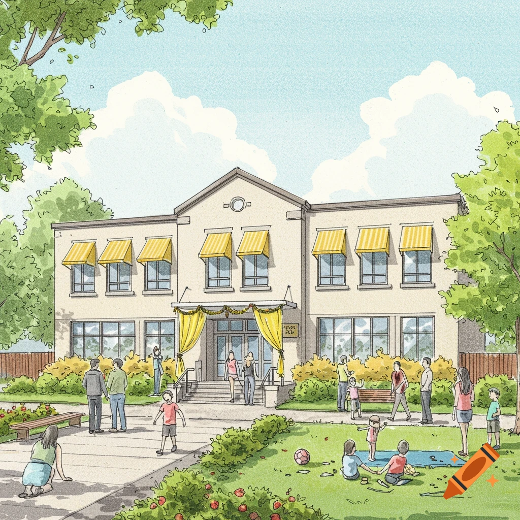Pencil sketch illustration of a community building with yellow awnings and festive drapes, with people playing and conversing on the lawn outside.