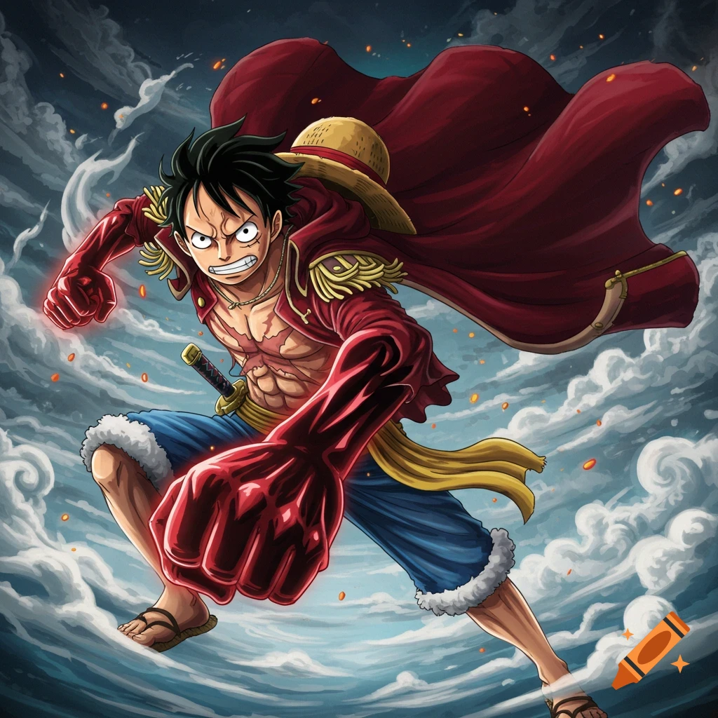Anime of Monkey D. Luffy making a large fist in a dynamic pose against a cloudy sky.