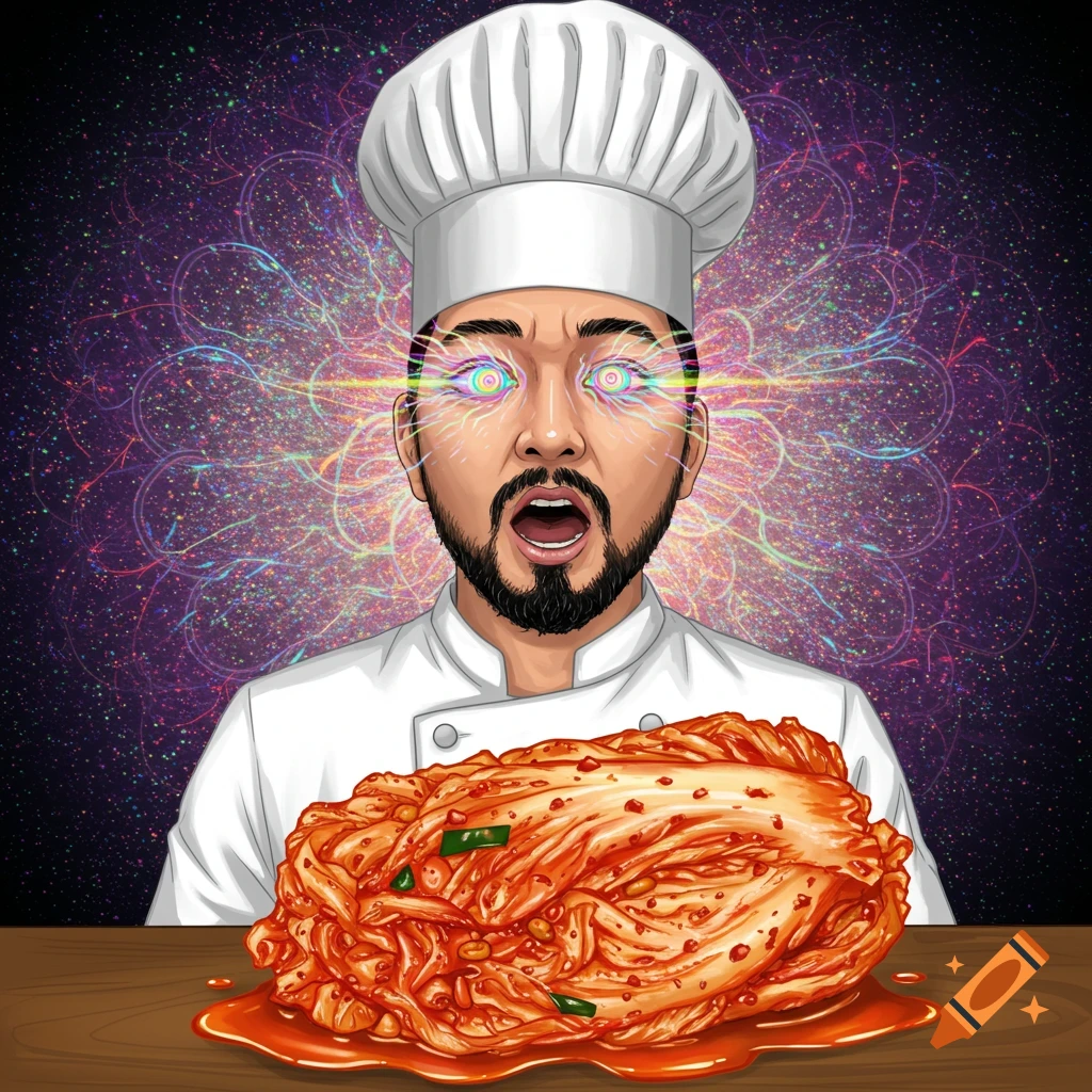 A chef with glowing psychedelic eyes and a shocked expression behind a large pile of kimchi.