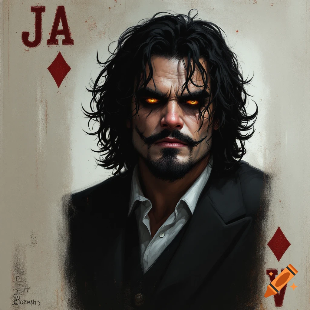 A man with dark hair and glowing eyes is depicted on a playing card.