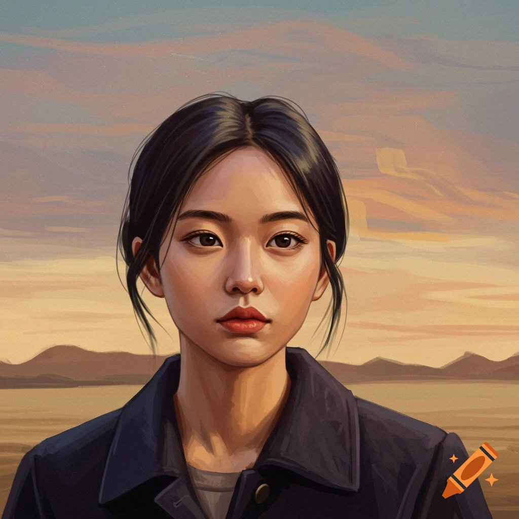 A young woman is outdoors with a sunset landscape