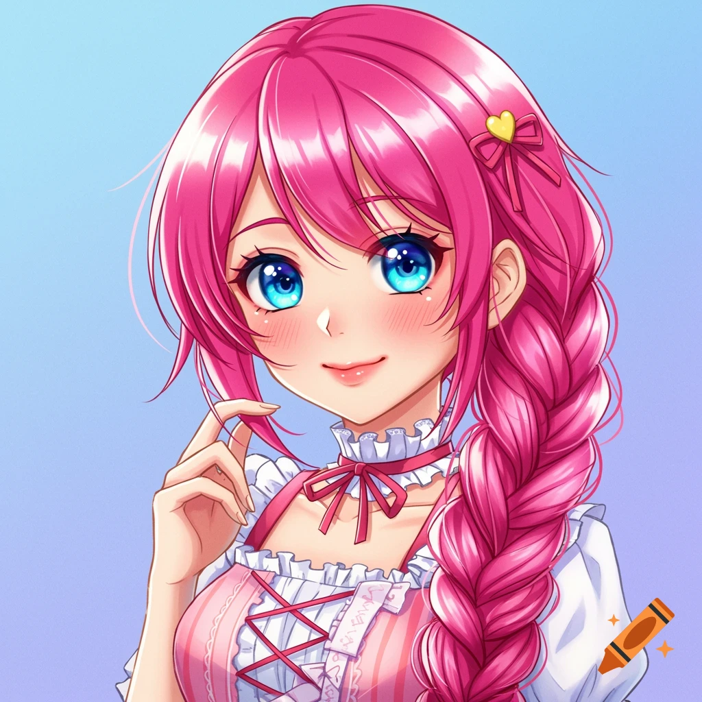 Anime portrait of a girl with pink hair, blue eyes, and a pink braided ponytail wearing a frilly dress.