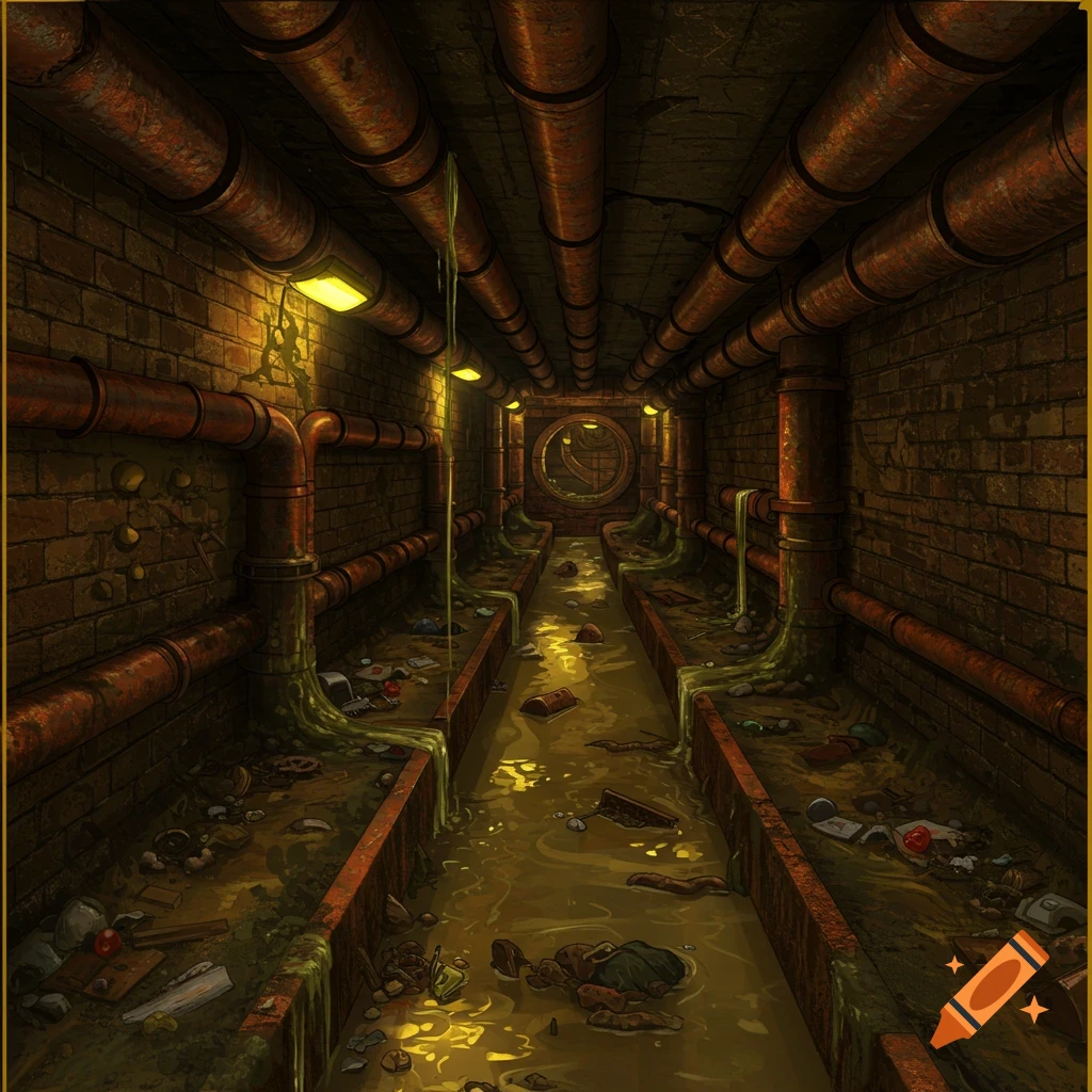 A grimy old sewer tunnel with pipes, brick walls, murky water, and scattered debris.