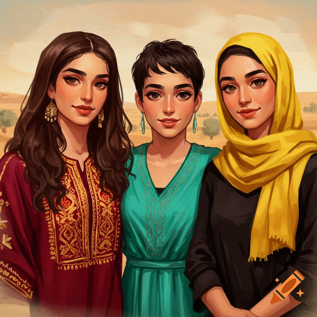 Three women in traditional clothing against a desert background.