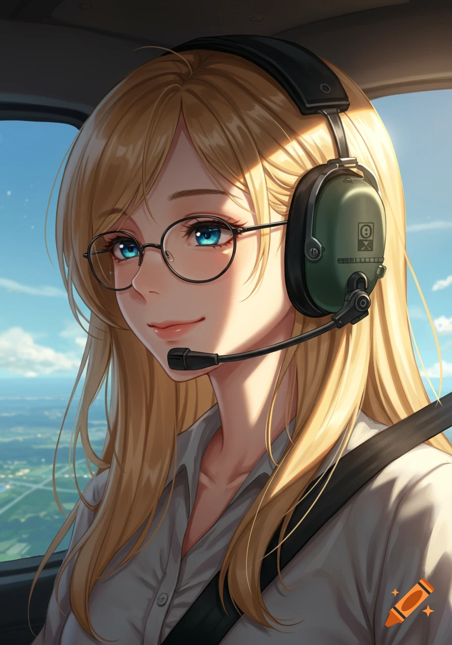 Anime style portrait of a young woman with blonde hair and blue eyes wearing glasses and an aviation headset in a helicopter.