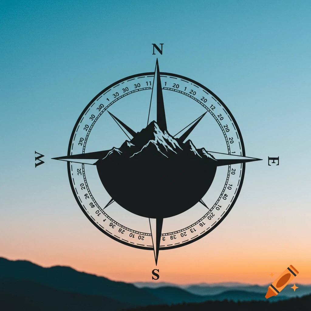 A compass rose silhouette with mountains inside, set against a sunset sky.
