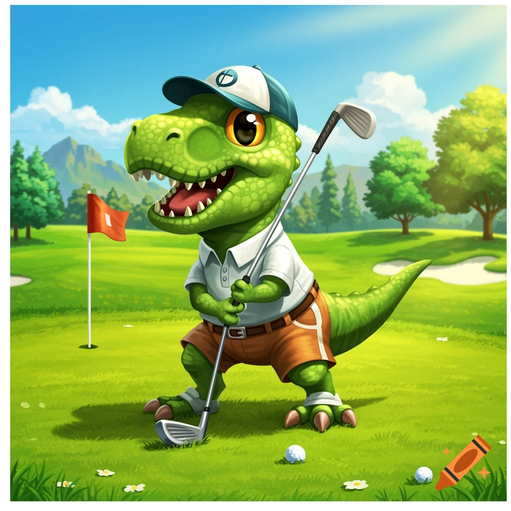 A cartoon baby T-Rex wearing a cap and shorts, holding a golf club on a sunny golf course.