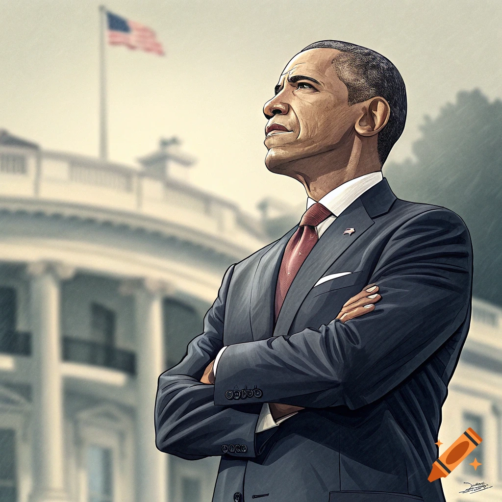 Illustration of Barack Obama with arms crossed, looking up, in front of the White House.