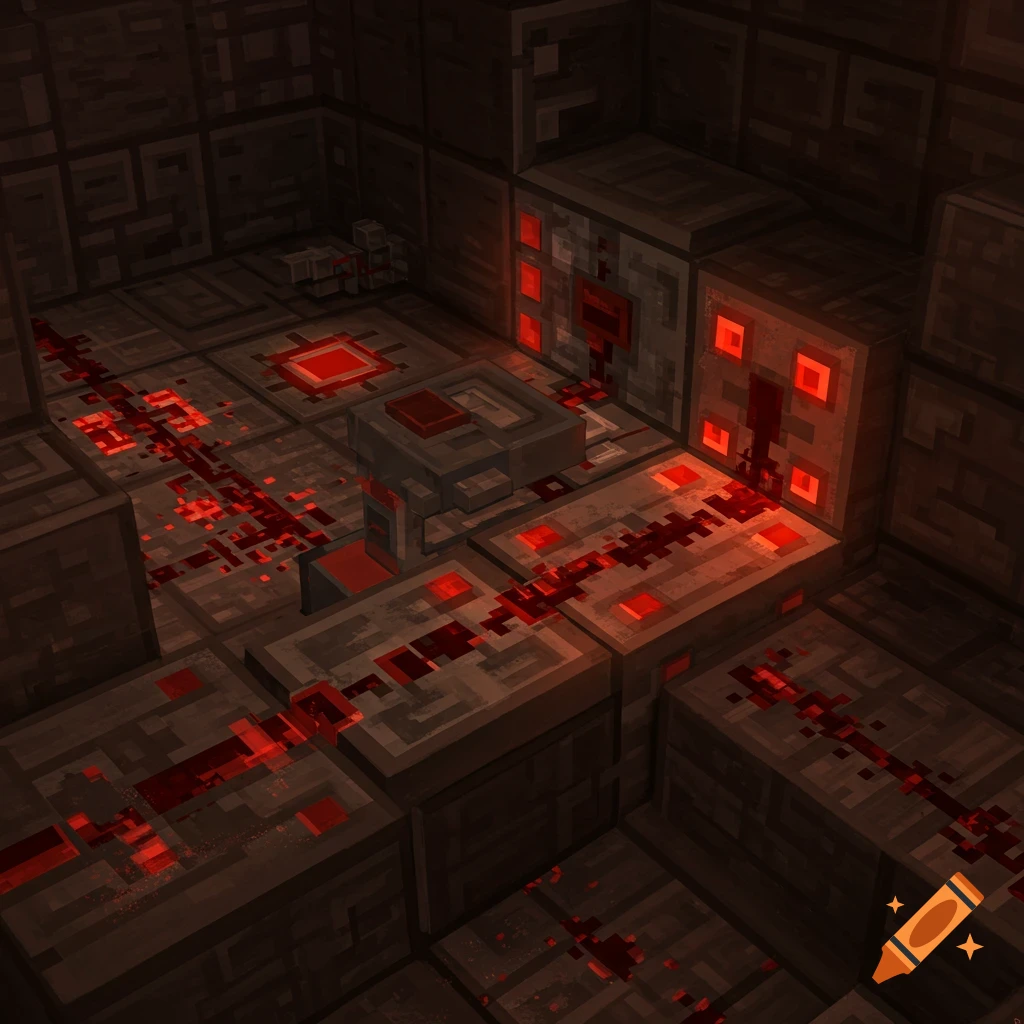 A complex Minecraft redstone circuit with repeaters and dust glowing red.
