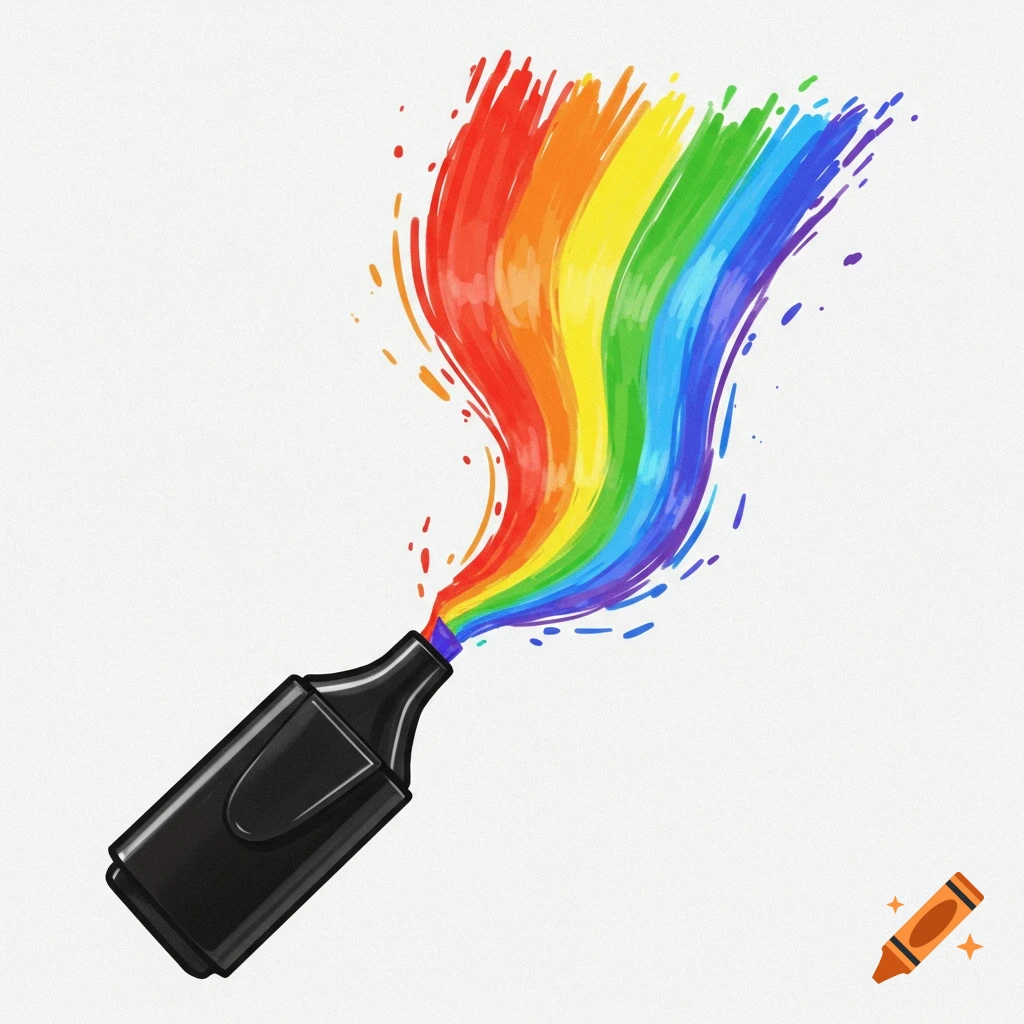 A black highlighter drawing a vibrant rainbow splash on a white background, digital illustration.