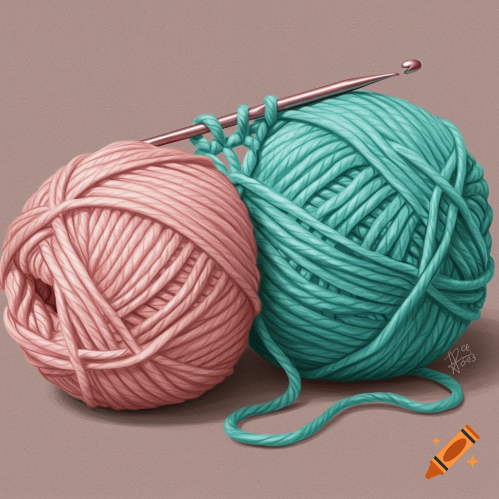 A pink and a turquoise ball of yarn with a crochet hook.