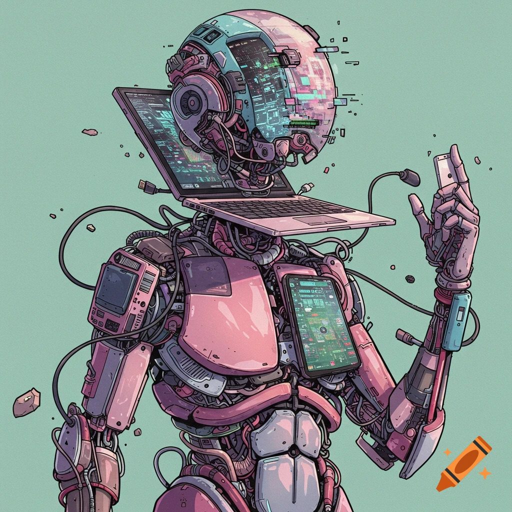 A cyborg-like figure made of computer parts, including a laptop for a head and a phone in its hand.