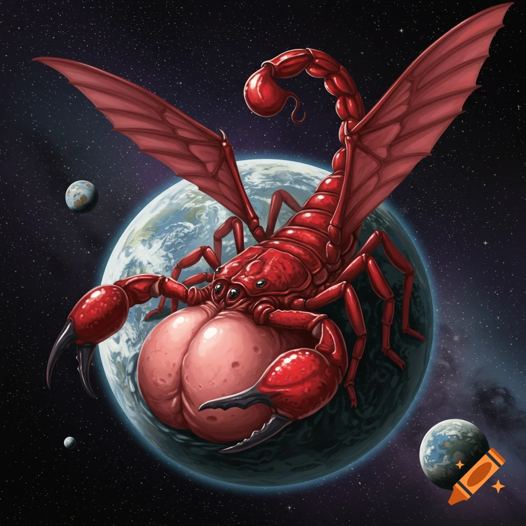 A giant red winged scorpion gripping a planet in space.
