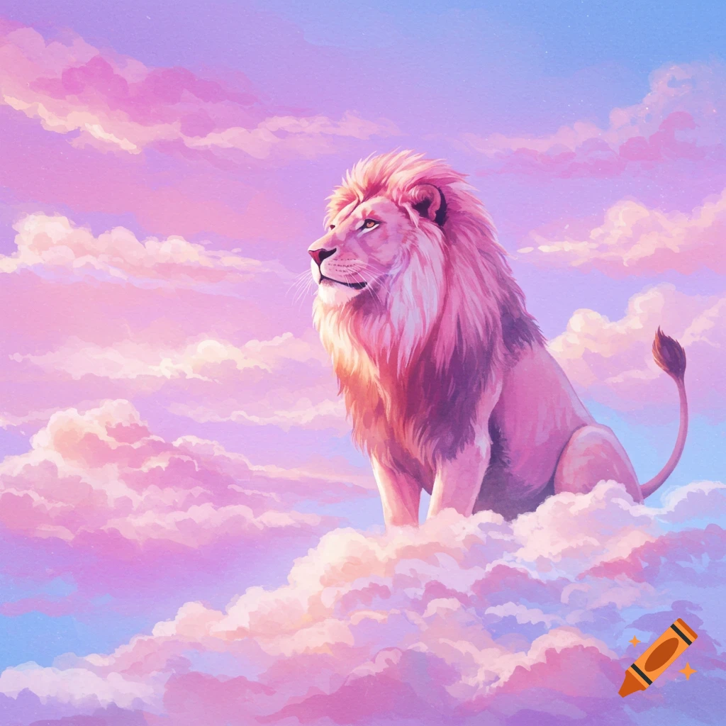 A lion sits on pastel pink and purple clouds in a blue sky, watercolor painting.