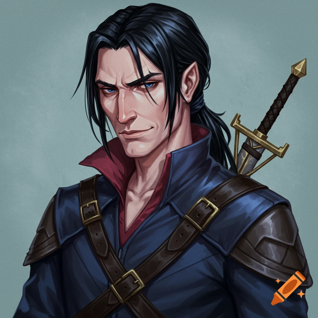 A man with dark hair, blue eyes, and pointed ears wearing fantasy armor and carrying a sword.