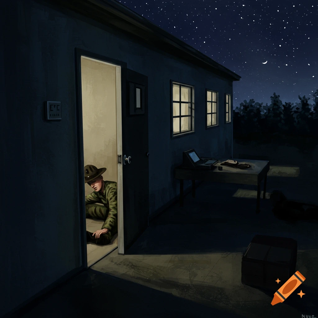 A person in a military uniform is slumped in a doorway at night under a starry sky. A table with a laptop is nearby.