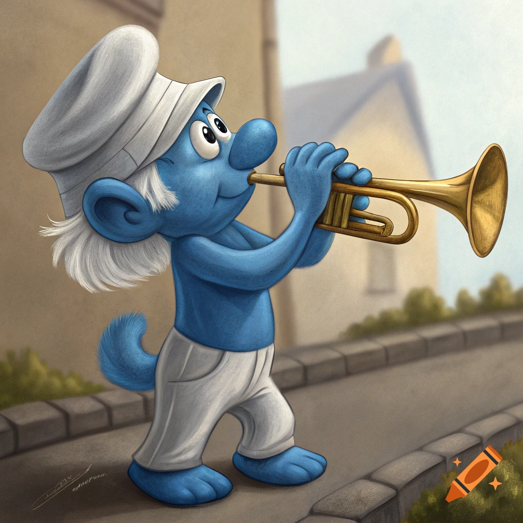 A Smurf character wearing a chef hat plays a trumpet on a street.