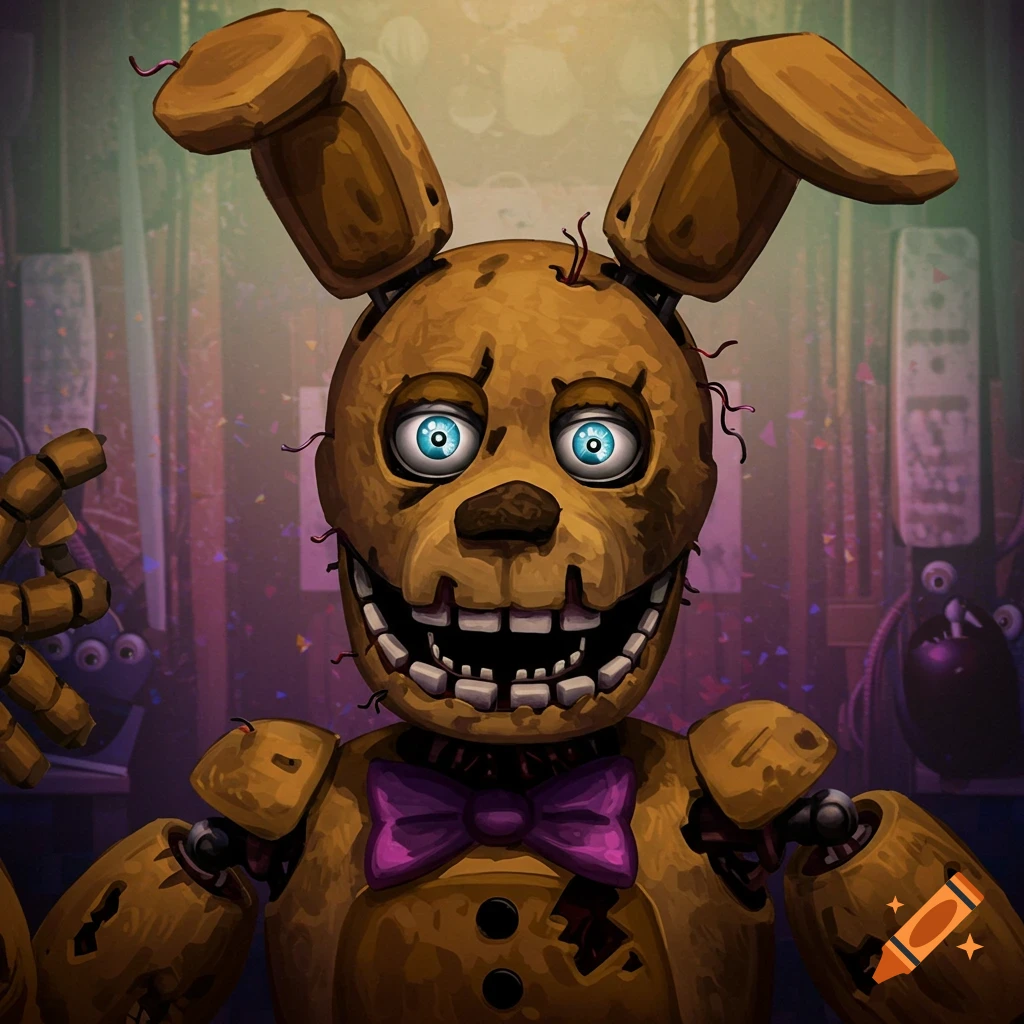 Close-up of a creepy animatronic bunny from Five Nights at Freddy's.