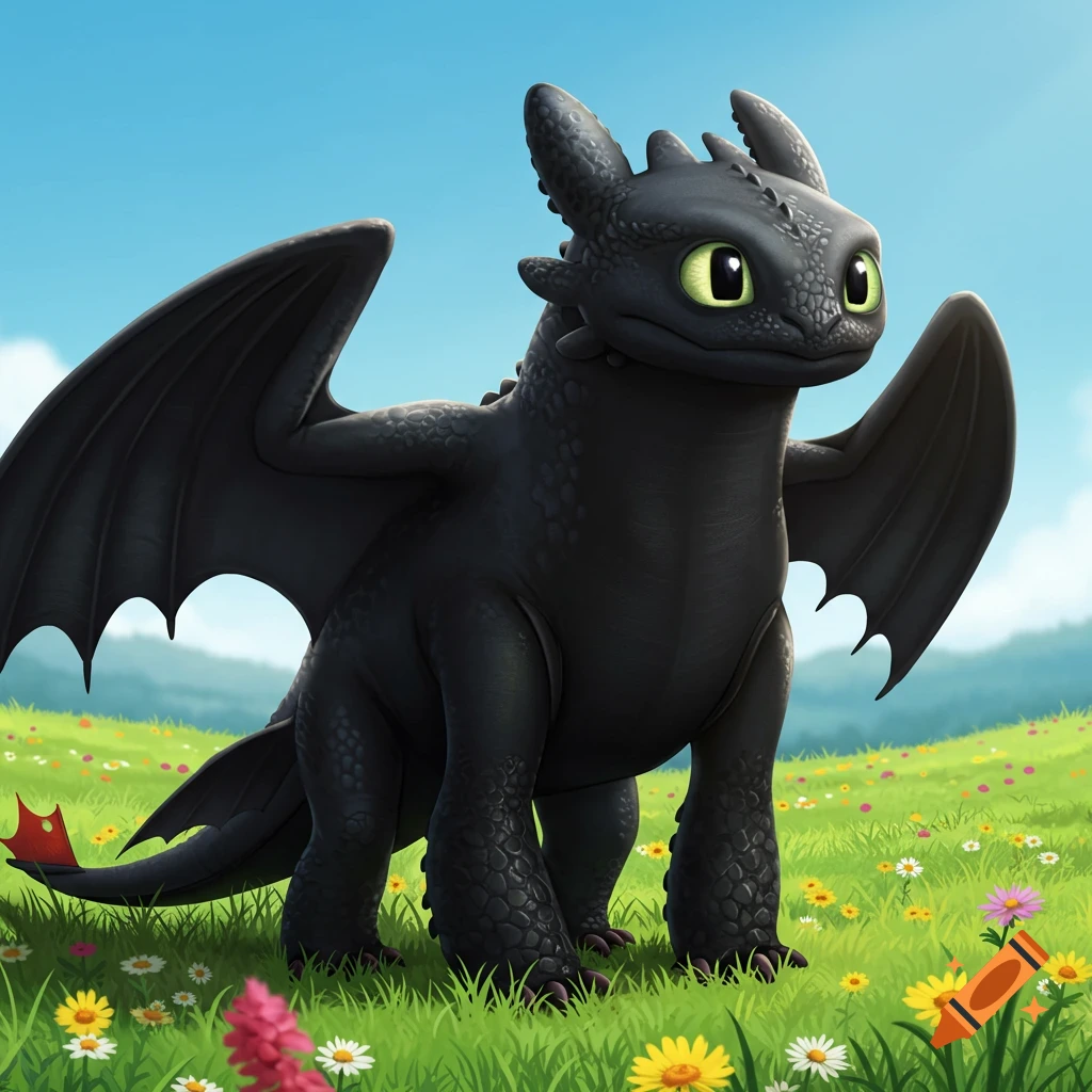 Toothless-like black dragon standing in a grassy field with flowers.