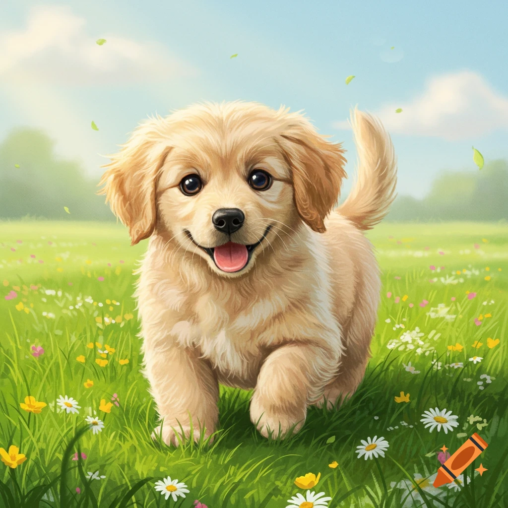 A golden retriever puppy runs through a field of flowers.