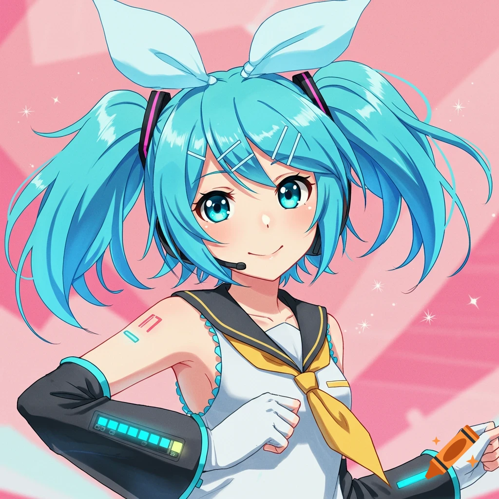 Anime illustration of a girl with blue twintails, headset, and sailor outfit smiling.