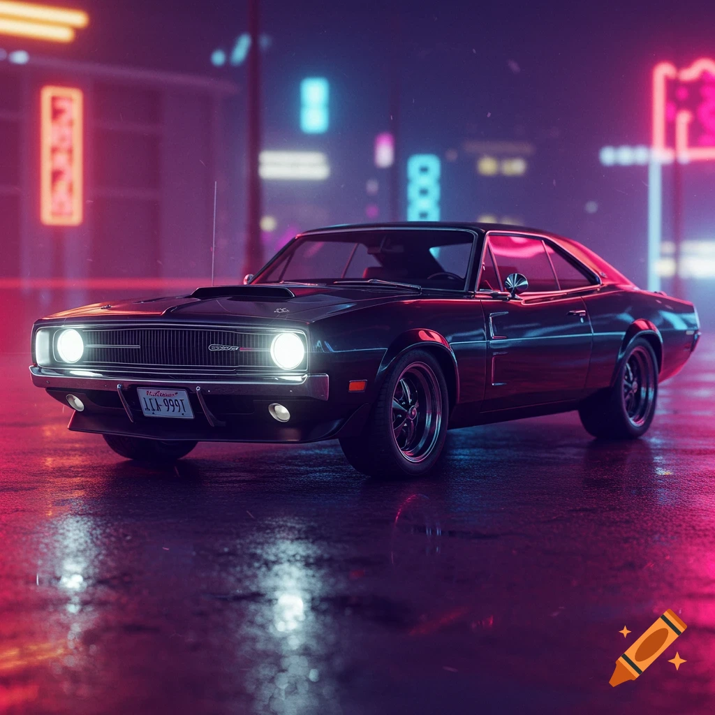 A black classic car is parked on a wet street at night, illuminated by neon lights.