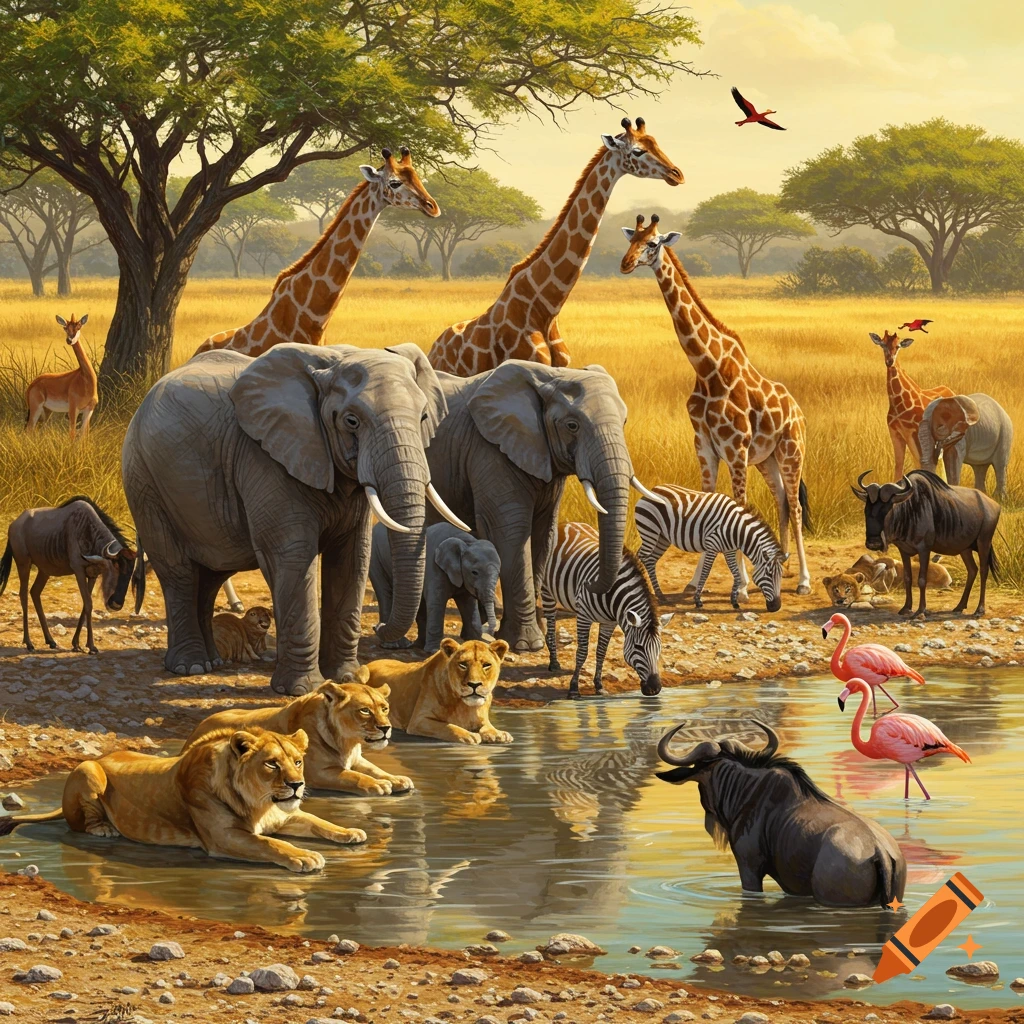 African savanna scene with elephants, giraffes, zebras, lions, wildebeest, and flamingoes at a watering hole.