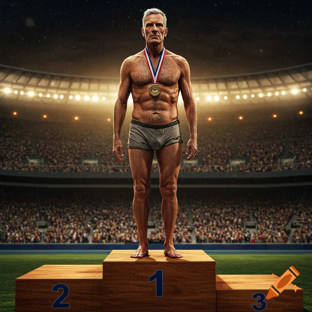 Muscular older male athlete on a podium in a stadium.