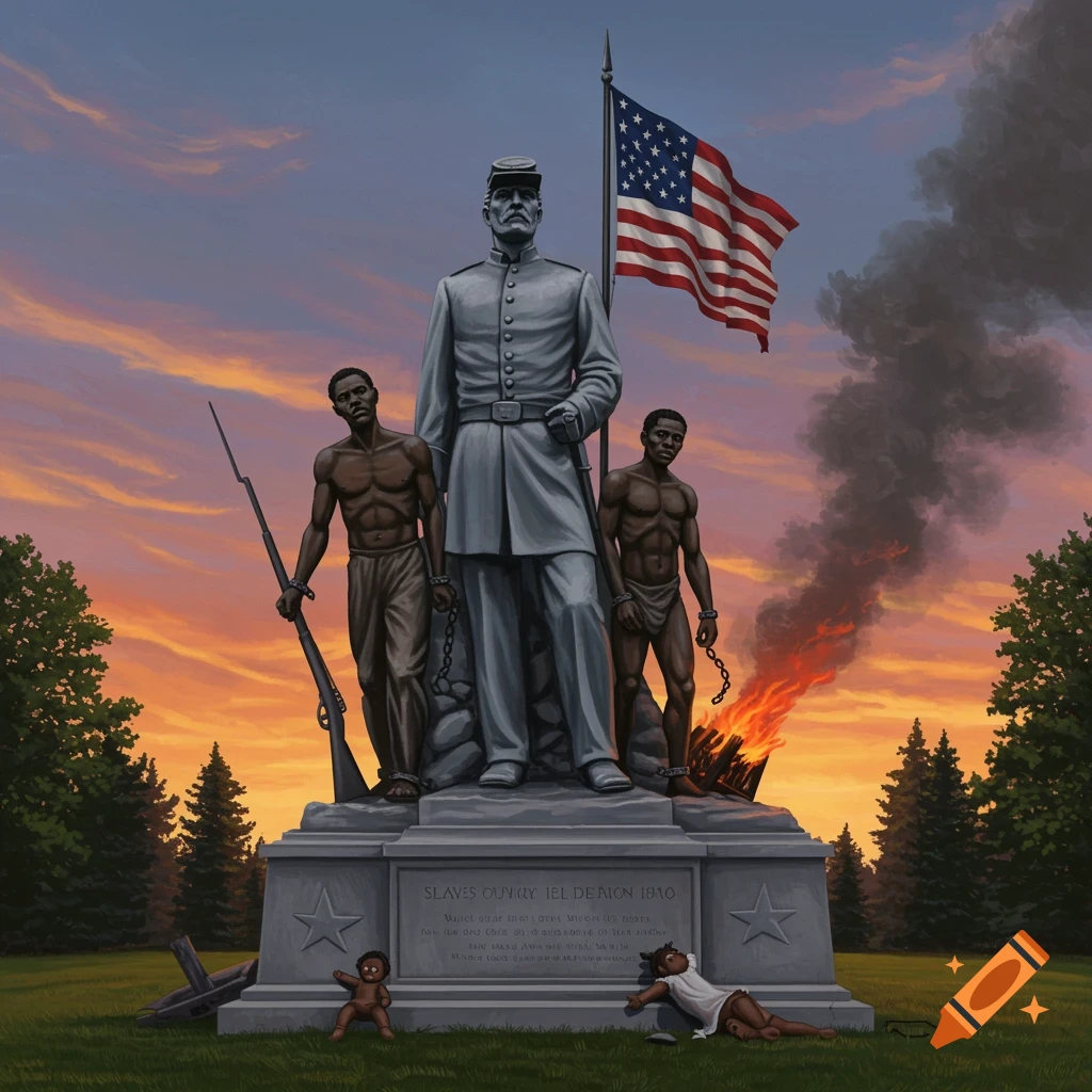 A monument depicting a Union soldier, enslaved men in chains, a burning flag, and fallen figures.