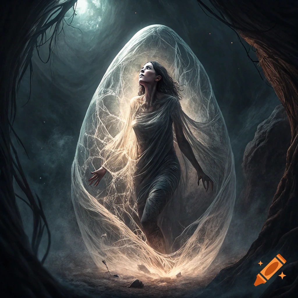 Fantasy image of a woman in a glowing white cocoon in a dark cave.