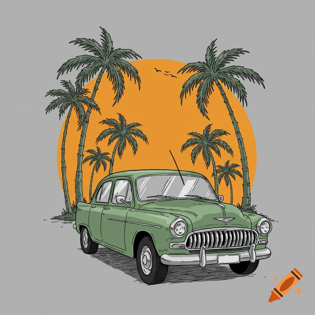 Illustration of a green vintage car in front of palm trees and a large orange sun.