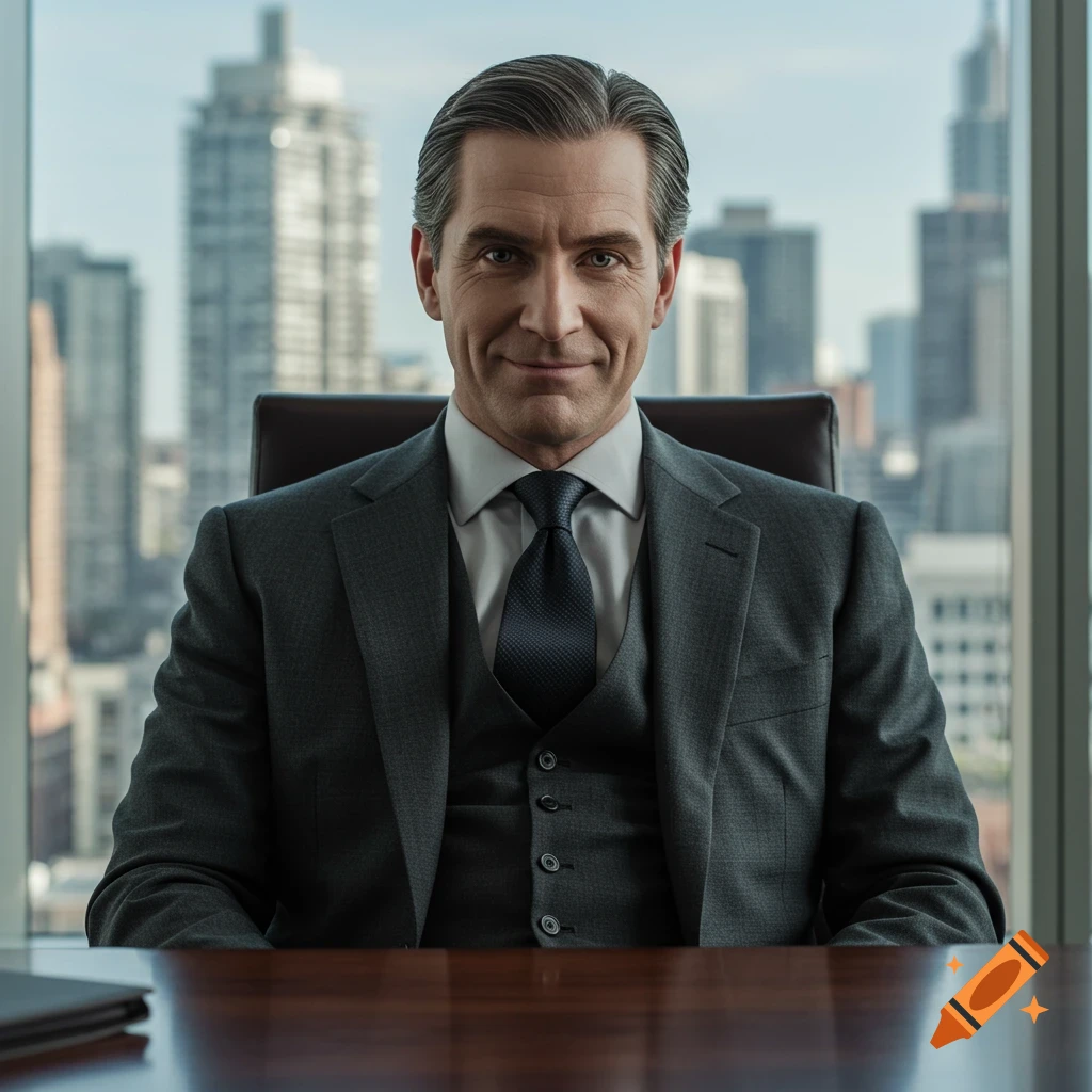 A man in a grey suit sits at a desk in an office overlooking a city skyline.