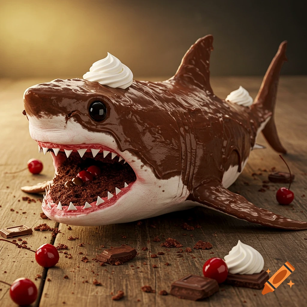 Photorealistic image of a shark-shaped chocolate cake with whipped cream and cherries on a wooden table.