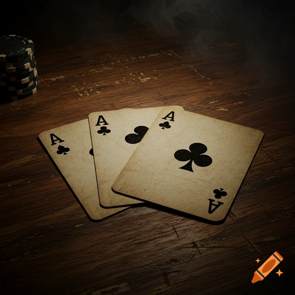 Three ace playing cards and poker chips on a wooden table.