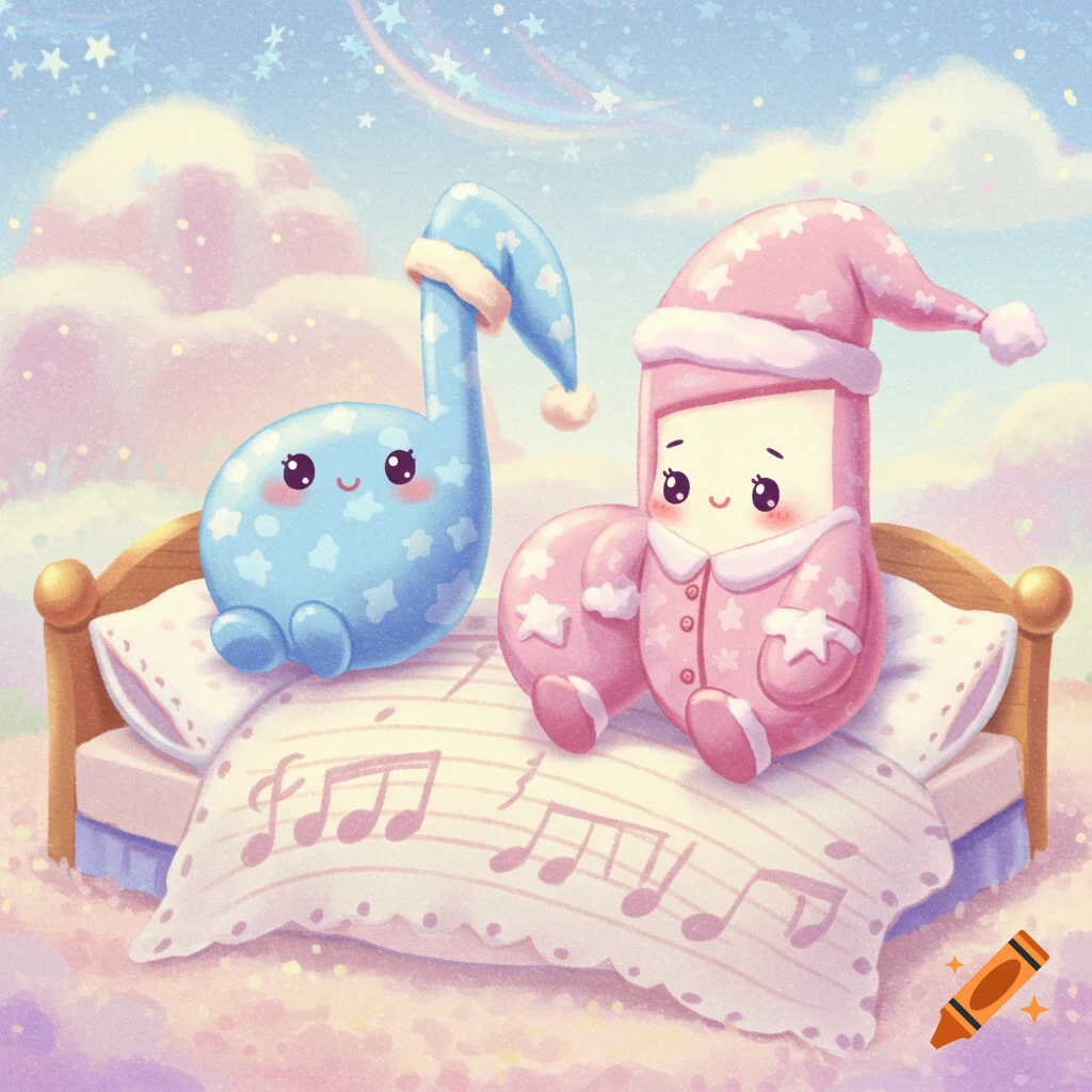 Cute image of two anthropomorphic music notes in pajamas on a bed with sheet music pattern.
