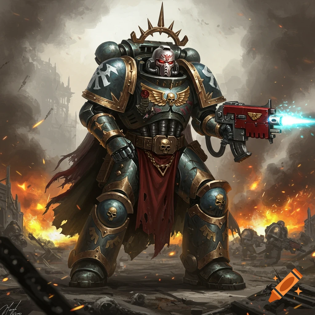 A Space Marine with plasma gun in a ruined city.