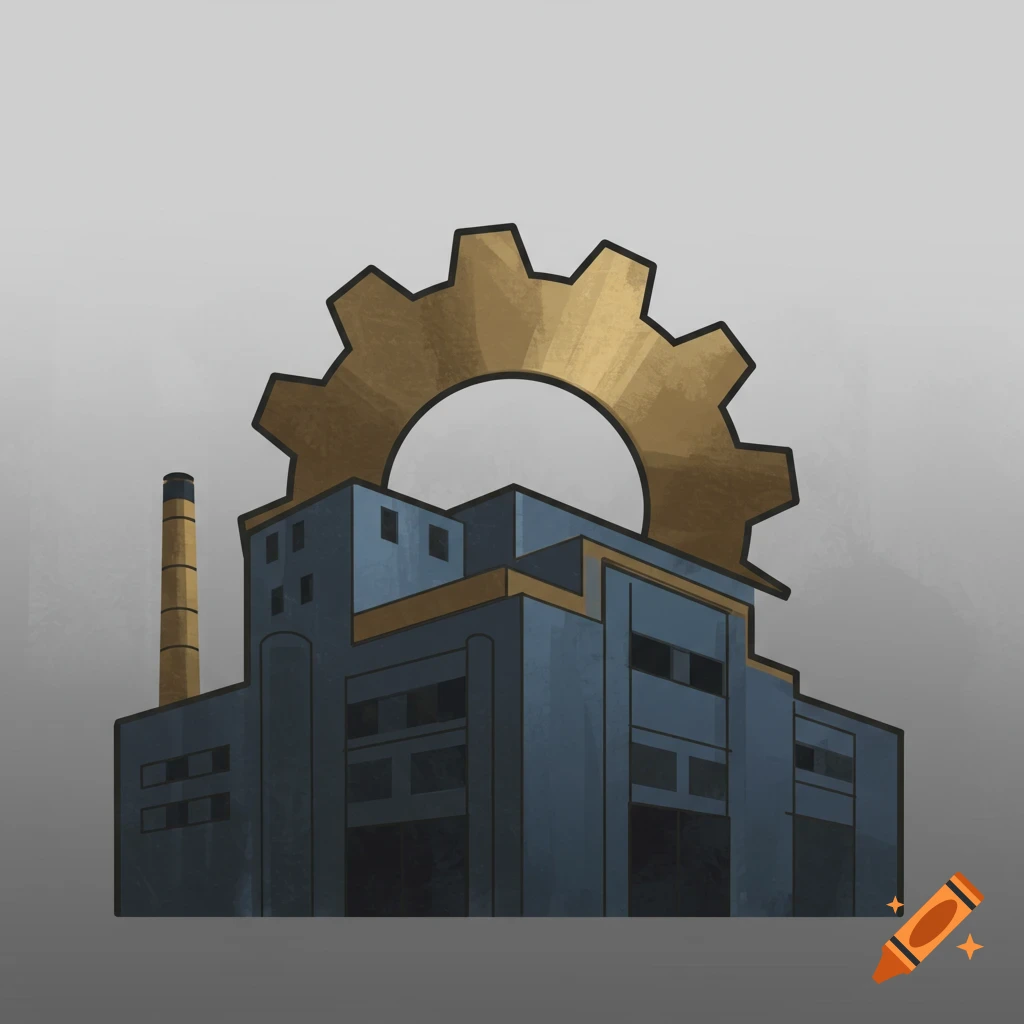 A stylized image of an industrial building with a large golden gear behind it.