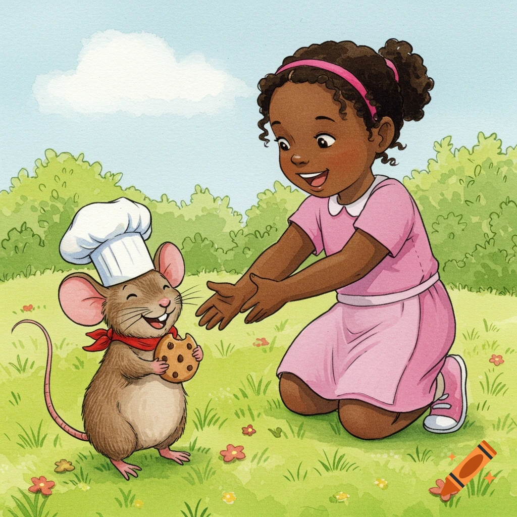 A young Black girl kneeling, reaching for a smiling mouse in a chef's hat holding a cookie on a grassy lawn. Watercolor illustration.