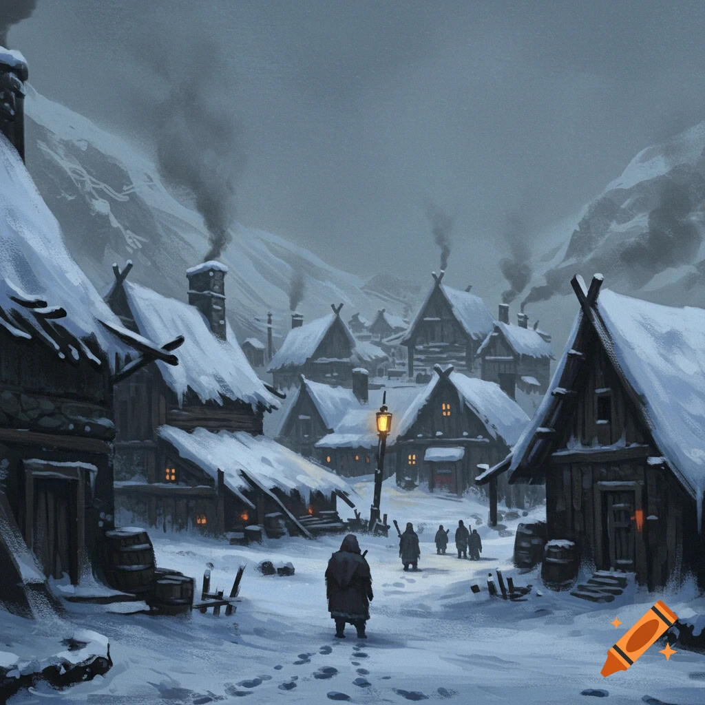 A snowy village in winter with figures walking down a path.