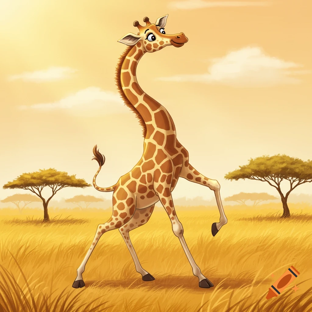 A cheerful cartoon giraffe dancing in a sunny savanna landscape with acacia trees.