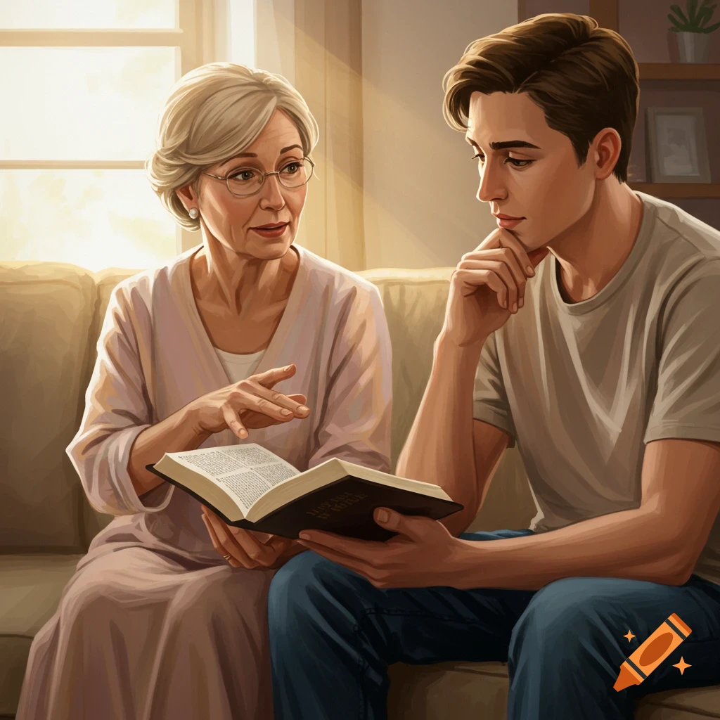 An older woman and young man reading a bible together on a couch.