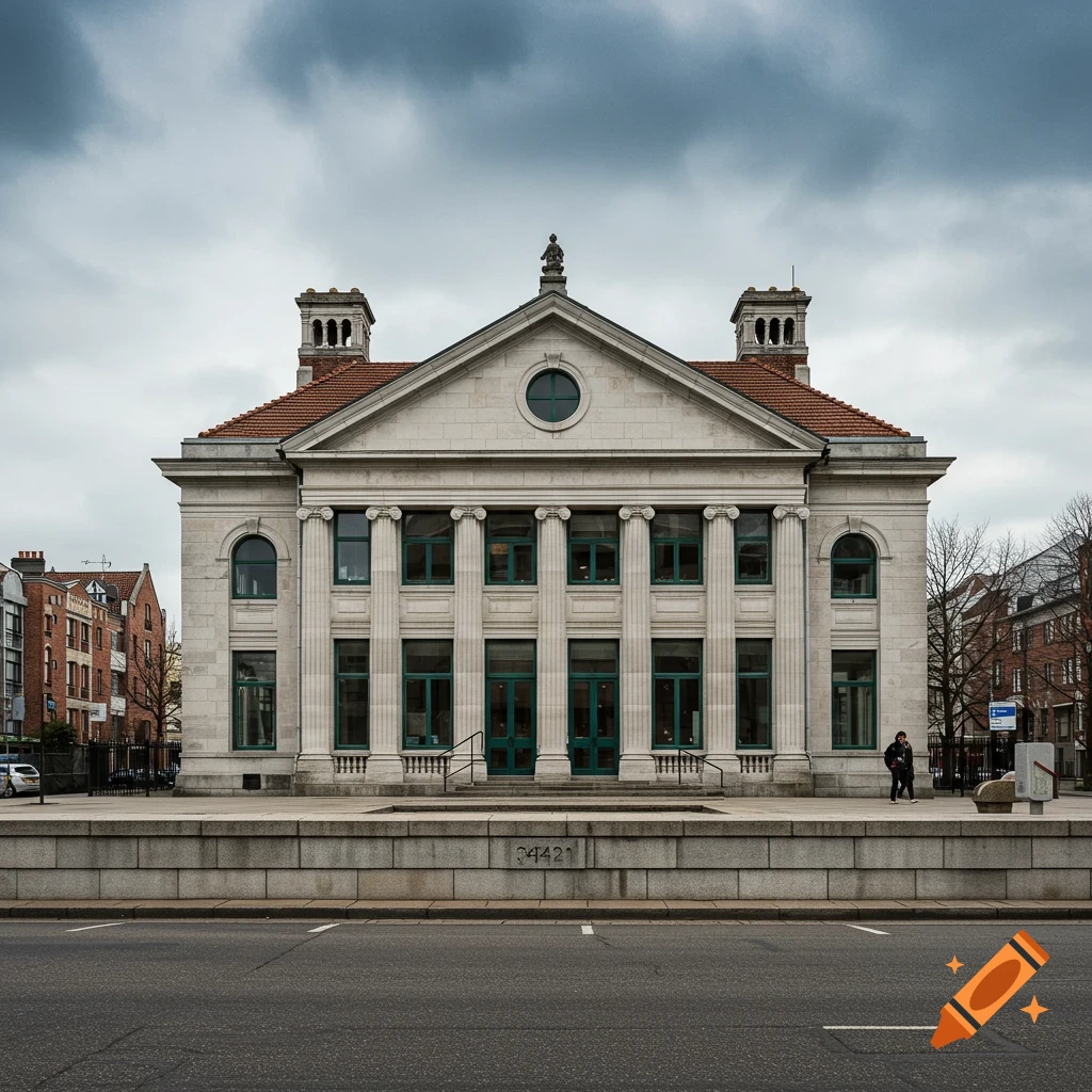A large classical building with pillars and green doors under a cloudy sky