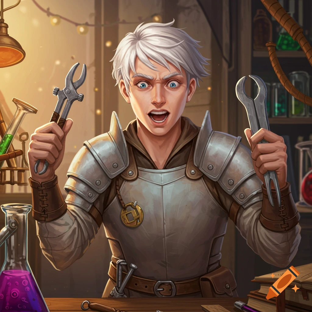An artificer in armor holding tools in a laboratory with a wild expression.
