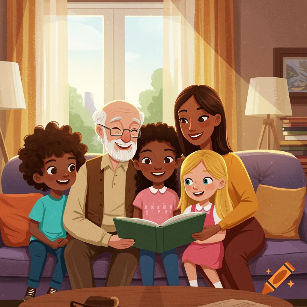 A multiethnic family, including children and a grandpa, sits on a sofa reading a book in a sunny living room in a whimsical style.