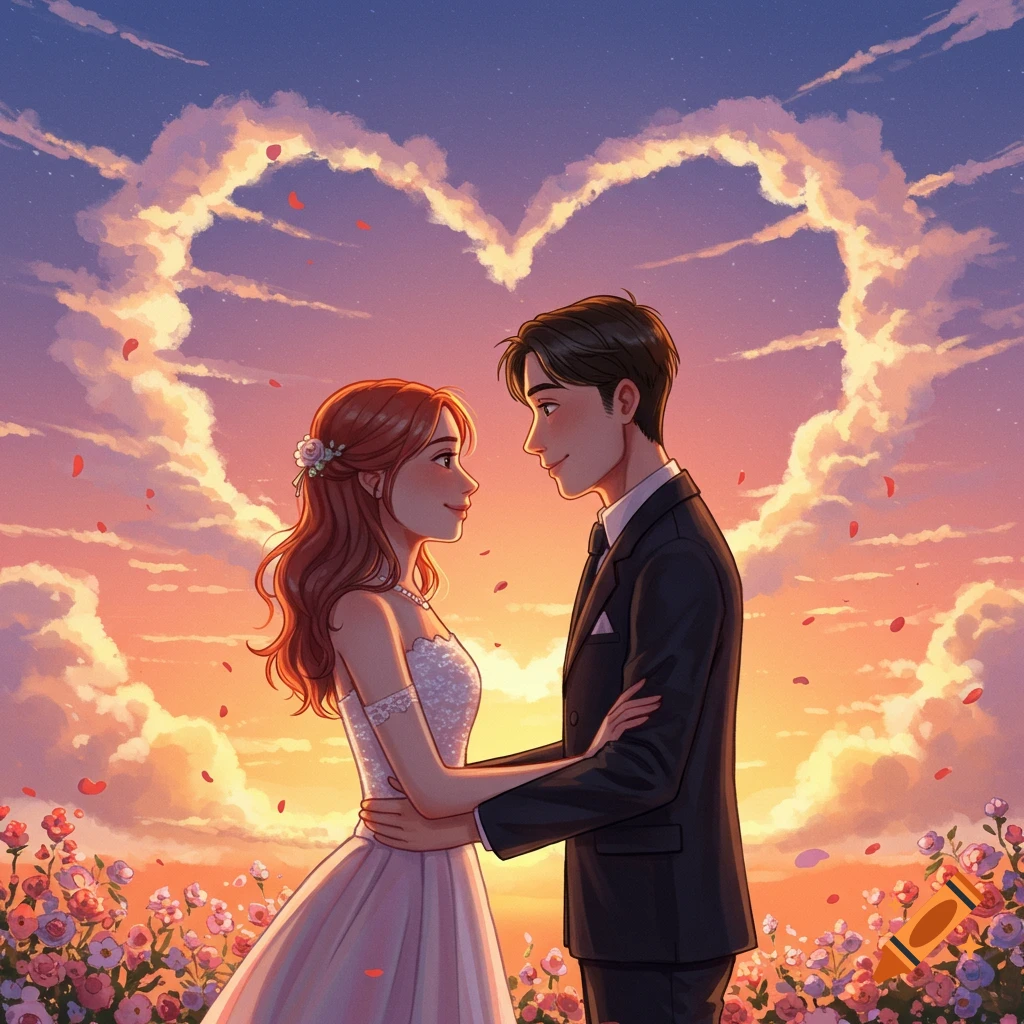 Anime illustration of a couple embracing at sunset under a heart-shaped cloud, with flowers.
