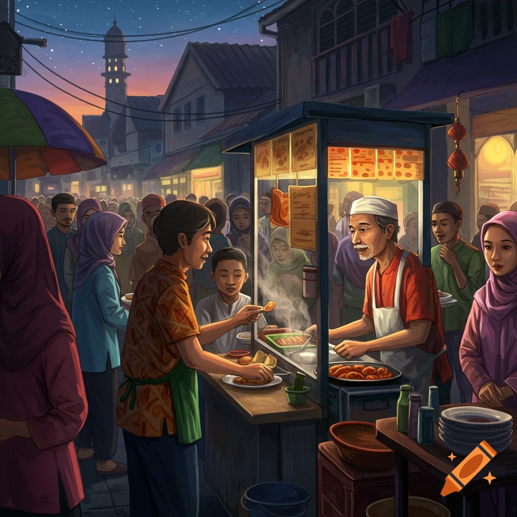 A night market with people buying food from a street vendor.