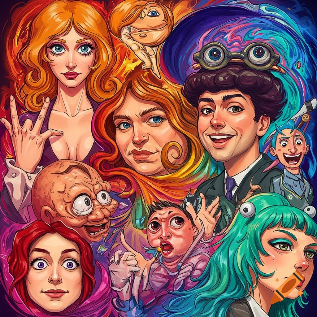 A chaotic collage of bizarre, exaggerated faces and figures in bright colors.